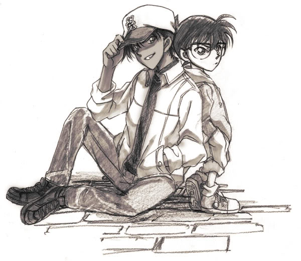 adjusting_hat bad_id brown detective_conan edogawa_conan glasses hat hattori_heiji male mo_ko monochrome multiple_boys simple_background sketch smile white_background