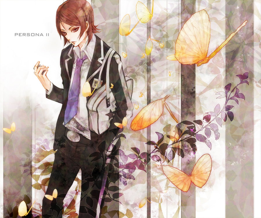 bag belt blazer brown_eyes brown_hair butterfly hand_in_pocket male necktie open_collar persona persona_2 plant school_bag school_uniform single_vertical_stripe solo suou_tatsuya tottome unbuttoned