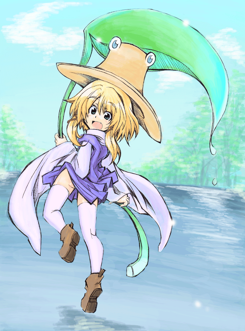 1girl blonde_hair blue_eyes forest giant_leaf hair_ribbon hat lake leaf moriya_suwako nature open_mouth ribbon short_hair skirt smile solo thigh-highs touhou water white_legwear wide_sleeves x172xqqq zettai_ryouiki