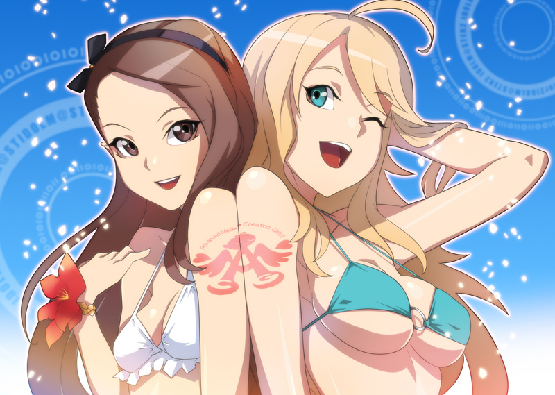 back-to-back ban bare_shoulders bikini blonde_hair breasts brown_hair bust flower hand_in_hair hoshii_miki idolmaster idolmaster_2 long_hair minase_iori o-ring_top open_mouth sideboob smile string_bikini swimsuit tattoo underboob wink