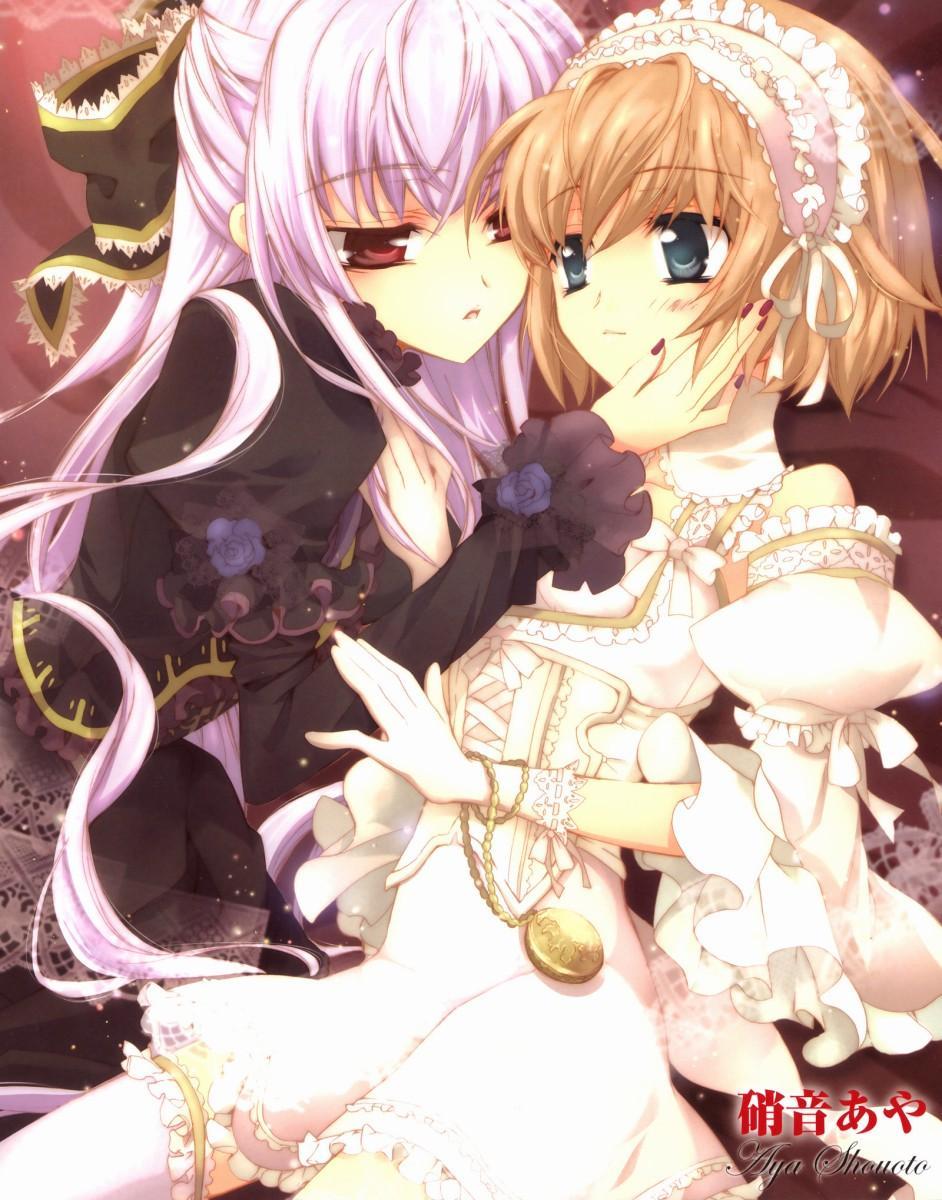 astarte_(epitaph) brown_hair epitaph hand_on_another's_cheek hand_on_another's_face highres lolita_fashion multiple_girls pocket_watch purple_hair shouoto_aya towa_(epitaph) watch yuri