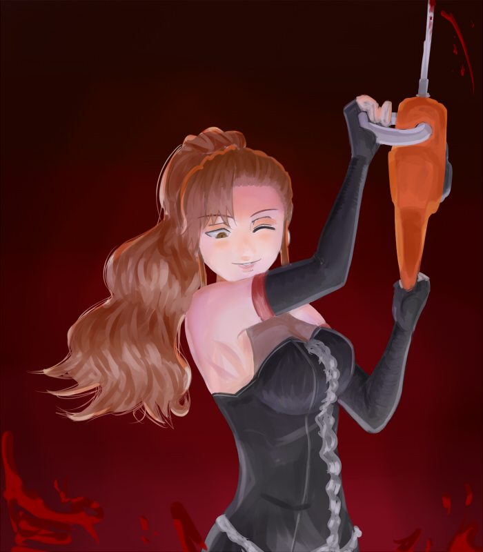blood brown_eyes brown_hair chainsaw chicken_on_rice coyote_ragtime_show dress elbow_gloves fingerless_gloves gloves grin july_(coyote_ragtime_show) long_hair ponytail smile solo wink