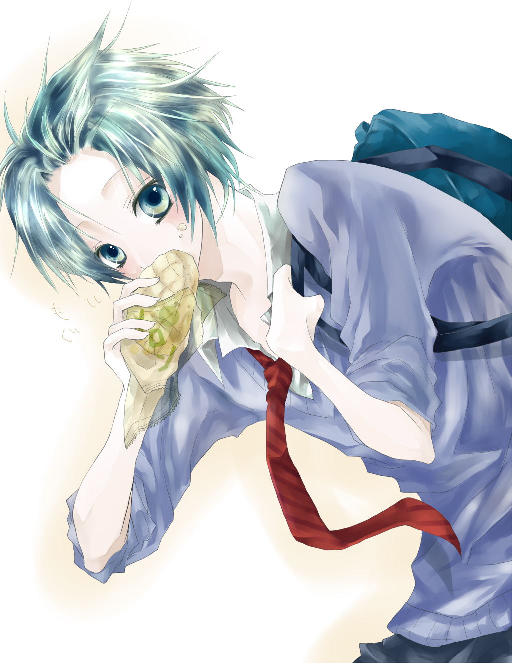 aqua_hair backpack bag blush bread bread_in_mouth eating food highres necktie original pink-lily solo