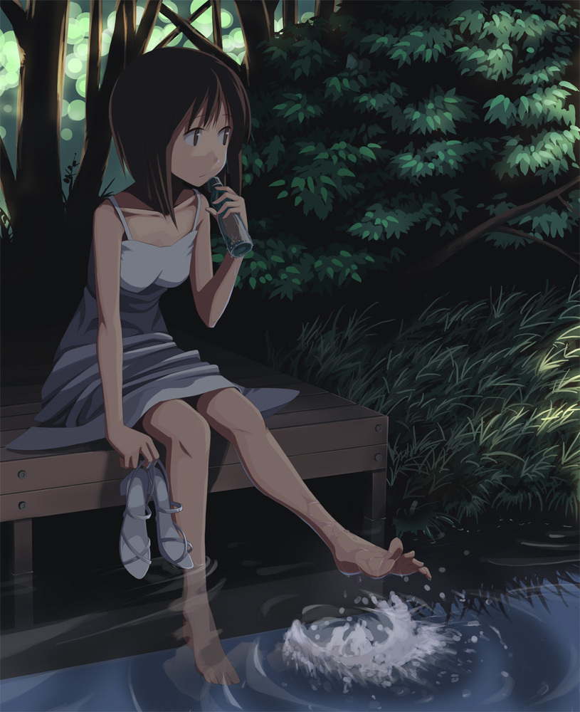 brown_eyes brown_hair chihaya_72 dock dress feet feet_in_water grass hagiwara_yukiho holding holding_shoes idolmaster nature ramune river shade short_hair sitting soaking_feet solo splash sundress toes water