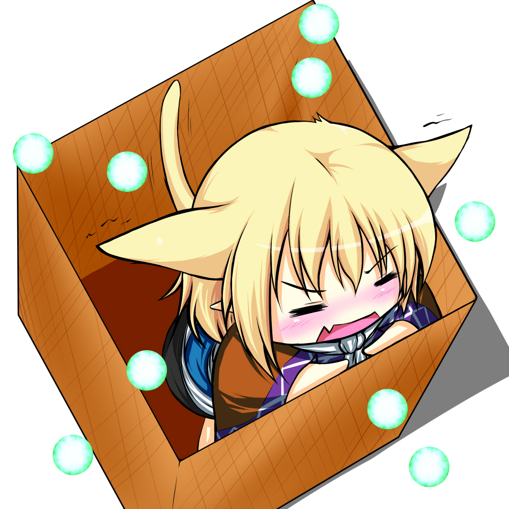 =_= animal_ears blonde_hair blush box cat_ears cat_tail chibi danmaku extra_ears fang for_adoption girl_in_a_box hoshizuki_(seigetsu) in_box in_container kemonomimi_mode mizuhashi_parsee pointy_ears puru-see scarf seigetu solo tail touhou trembling