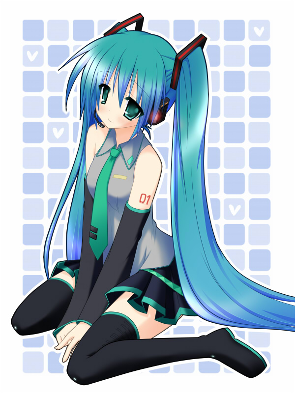 aqua_hair bad_id boots detached_sleeves green_eyes hatsune_miku headset long_hair necktie rionoil sitting skirt smile solo thigh-highs thigh_boots thighhighs twintails very_long_hair vocaloid wariza