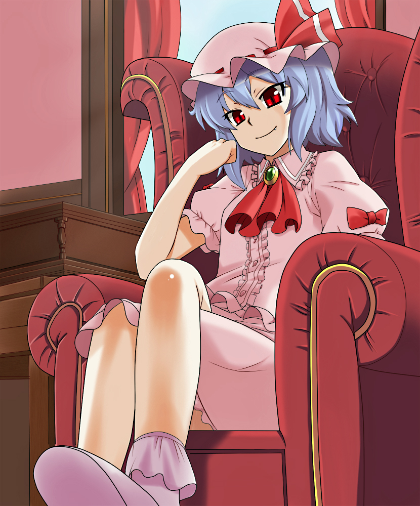 chair crossed_legs desk fang hand_on_face hand_on_own_face hat ooike_teru red_eyes remilia_scarlet shoes sitting smile solo touhou