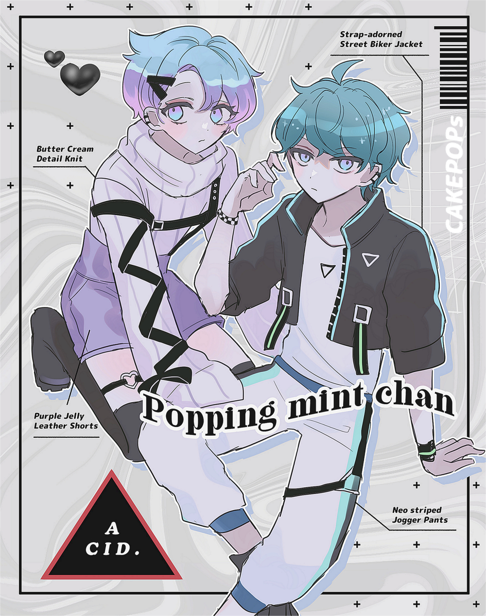 2boys aqua_hair blue_hair blush cookie_run english_text expressionless heart highres humanization looking_at_viewer male_focus mamimumemo multicolored_hair multiple_boys pants personification popping_candy_cookie purple_hair short_hair spearmint_cookie two-tone_hair