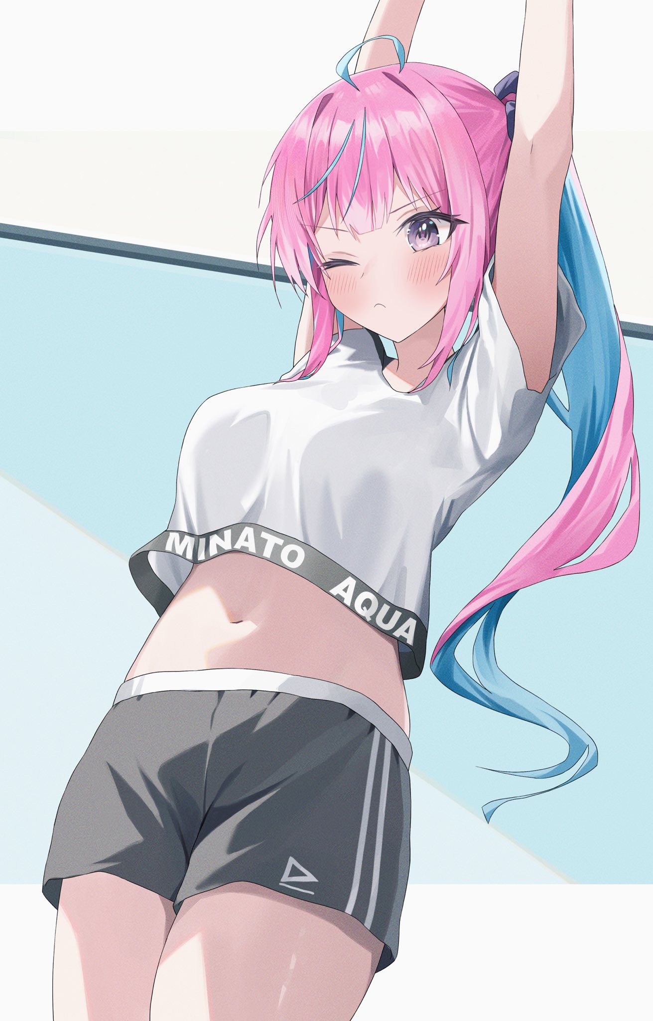 1girl arms_up blue_hair blush breasts colored_inner_hair cowlick crop_top english_text from_below gym_shorts highres hololive large_breasts long_hair midriff minato_aqua multicolored_hair navel nel_dcm one_eye_closed pink_hair shirt shorts side_ponytail streaked_hair stretching t-shirt two-tone_hair violet_eyes white_shirt