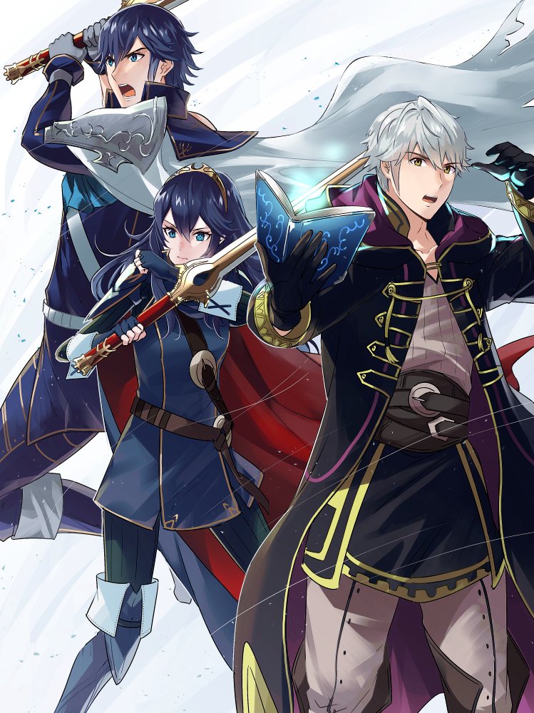 1girl 2boys ameno_(a_meno0) armor belt black_gloves black_robe black_sweater blue_cape blue_eyes blue_footwear blue_gloves blue_hair blue_pants book boots brown_belt brown_eyes cape chrom_(fire_emblem) closed_mouth falchion_(fire_emblem) father_and_daughter fingerless_gloves fire_emblem fire_emblem_awakening gloves gold_trim grey_gloves grey_shirt holding holding_book holding_sword holding_weapon hood hood_down hooded_robe long_hair long_sleeves lucina_(fire_emblem) multiple_boys open_book open_mouth pants pauldrons red_cape ribbed_sweater robe robin_(fire_emblem) robin_(male)_(fire_emblem) shirt short_hair shoulder_armor single_pauldron single_sleeve striped striped_shirt sweater sword tiara two-tone_cape weapon white_background white_belt white_cape white_hair white_pants