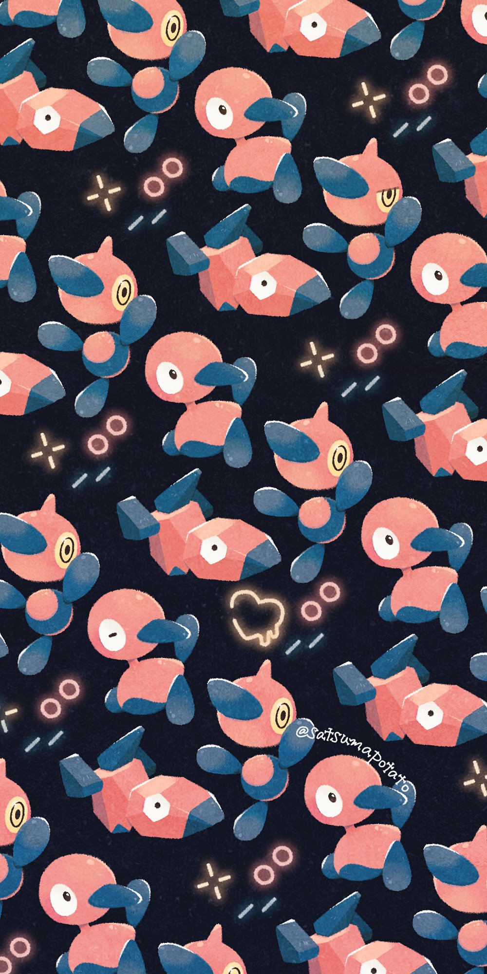 angry animal_focus arms_up artist_name blinking colored_sclera commentary_request dripping evolutionary_line full_body glowing_symbol heart highres looking_back low_poly melting_heart neon_lights no_humans patterned patterned_background pokemon pokemon_(creature) porygon porygon-z porygon2 satsumapotato twitter_username v-shaped_eyebrows yellow_eyes yellow_sclera