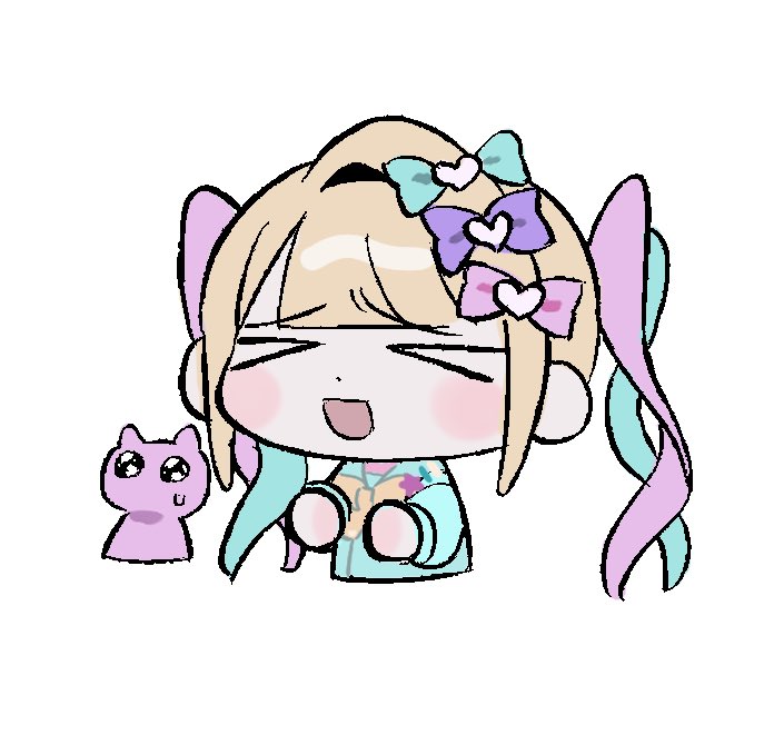 &gt;_&lt; 1girl :d artist_request blonde_hair blue_bow blue_hair blue_shirt blunt_bangs blush bow cat chibi chouzetsusaikawa_tenshi-chan closed_eyes cropped_torso facing_viewer hair_bow hair_ornament heart heart_hair_ornament long_hair long_sleeves multicolored_hair needy_girl_overdose official_art open_mouth p-chan_(needy_girl_overdose) pink_bow pink_hair purple_bow quad_tails second-party_source shirt simple_background smile sweatdrop twintails upper_body white_background xd yellow_bow