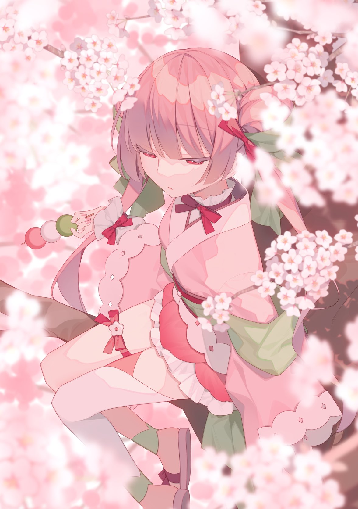 1girl bow branch cherry_blossoms dango food frills from_above hair_ornament half-closed_eyes highres holding holding_food in_tree japanese_clothes kimono long_hair long_sleeves original pink_eyes pink_hair pink_kimono red_eyes ribbon sanshoku_dango single_thighhigh sitting solo thigh-highs tree twintails wagashi yachishi_orca zouri