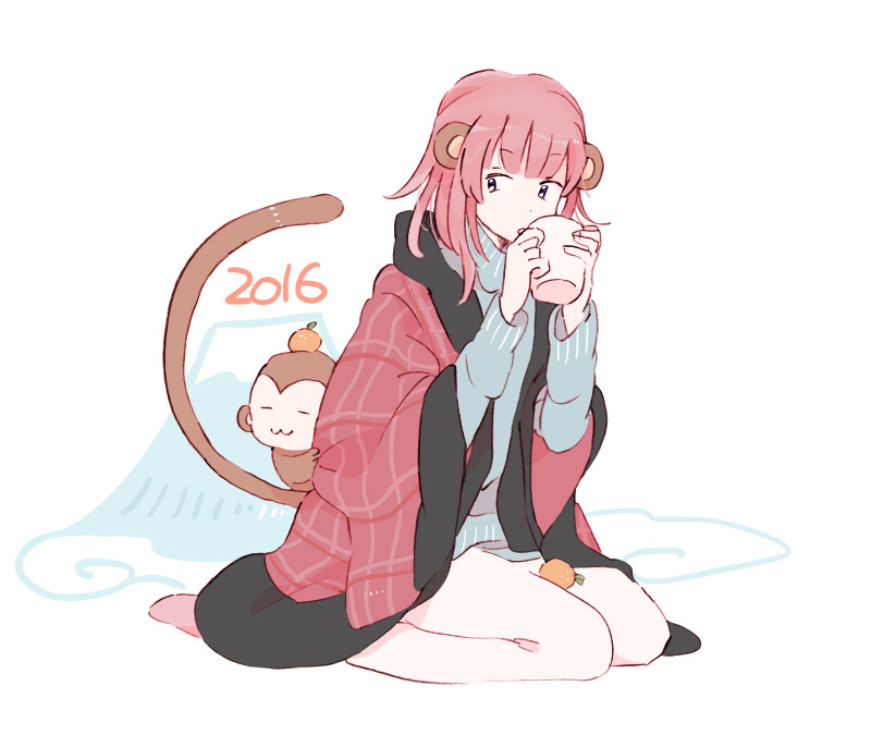 1girl 2016 animal_ears bare_legs blue_sleeves blue_sweater blunt_bangs chinese_zodiac clouds cup drinking fingernails food fruit full_body h_kawa holding holding_cup kneeling layered_sleeves long_hair long_sleeves looking_at_animal mandarin_orange monkey monkey_ears monkey_tail mount_fuji open_clothes open_robe original oversized_clothes pink_hair plaid_robe plaid_sleeves red_robe red_sleeves robe simple_background solo sweater tail turtleneck turtleneck_sweater white_background wide_sleeves year_of_the_monkey