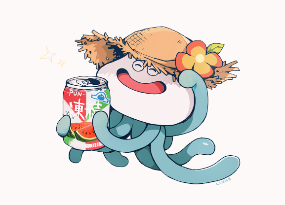 ^_^ brown_headwear can closed_eyes commentary_request dragon_quest drink flower food fruit hat hat_flower holding holding_can linne_(hld_doreko) man_o'_war_(dragon_quest) no_humans open_mouth orange_flower simple_background smile solo straw_hat watermelon white_background