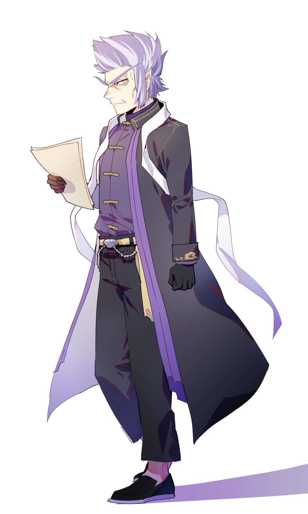 1boy belt black_coat black_footwear black_gloves black_pants chinese_clothes closed_mouth coat full_body gloves highres holding holding_paper long_eyebrows long_sleeves looking_at_viewer maiucal male_focus pants paper pathfinder profile purple_hair purple_shirt regill_(pathfinder) shirt shoes short_hair simple_background solo v-shaped_eyebrows white_background yellow_belt yellow_eyes