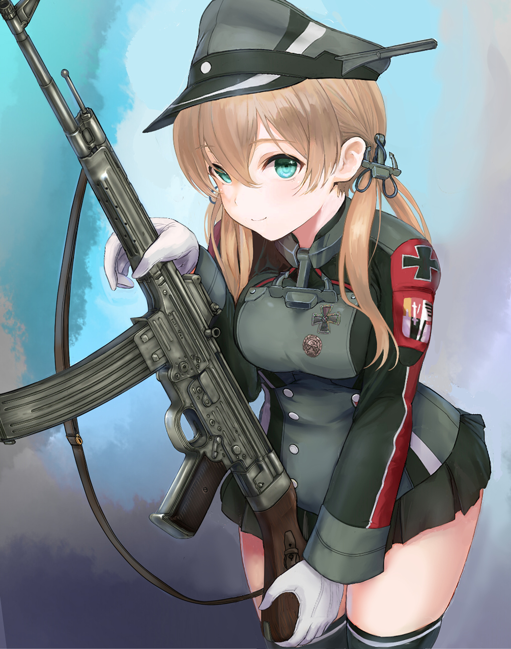 1girl anchor anchor_hair_ornament aqua_eyes assault_rifle black_skirt blonde_hair closed_mouth commentary_request cross em_s gloves gun hair_ornament hat highres iron_cross kantai_collection low_twintails microskirt military military_hat military_uniform peaked_cap prinz_eugen_(kancolle) redrawn rifle skindentation skirt smile solo stg44 thigh-highs twintails uniform weapon white_gloves