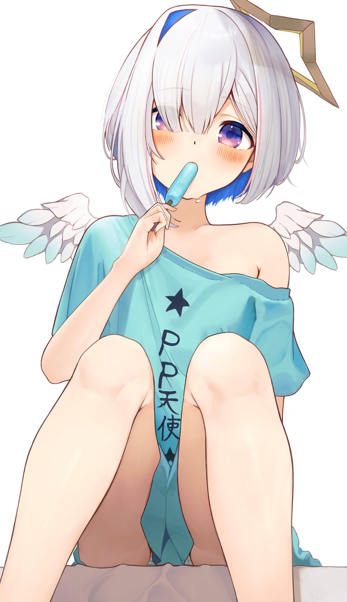 1girl amane_kanata bare_shoulders blue_hair blush buket_pudding_i commentary eating food grey_hair halo highres hololive hololive_english multicolored_hair no_pants off_shoulder panties pantyshot popsicle pp_tenshi_t-shirt short_hair single_hair_intake sitting solo star_halo striped striped_panties underwear violet_eyes wings