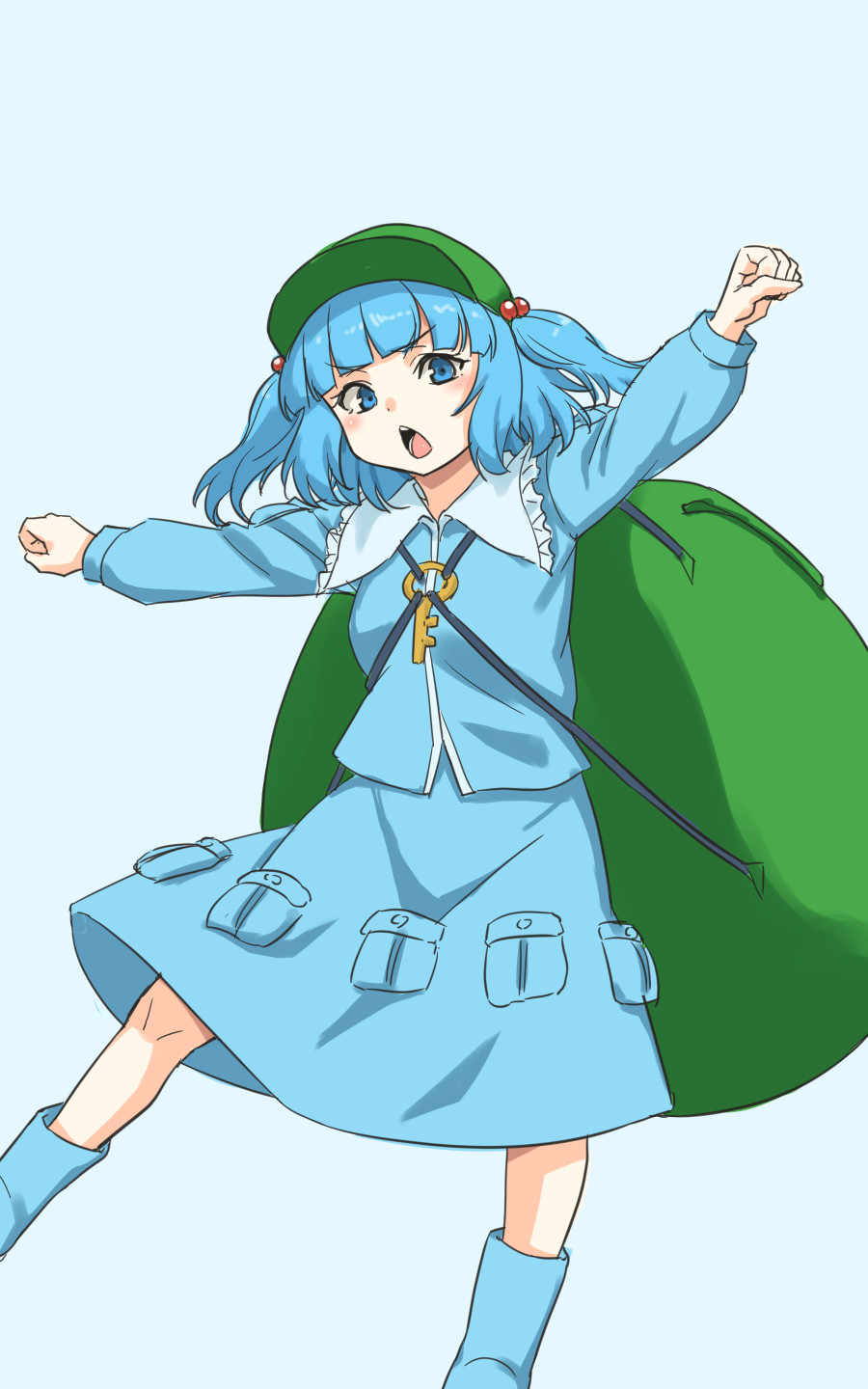 1girl bag bell blue_background blue_footwear blue_hair blue_shirt blue_skirt clenched_hands commentary flat_cap green_headwear hair_bell hair_ornament hat highres holding holding_bag kakone kawashiro_nitori key one-hour_drawing_challenge open_mouth outstretched_arms pocket shirt short_hair simple_background skirt solo teeth touhou two_side_up upper_teeth_only