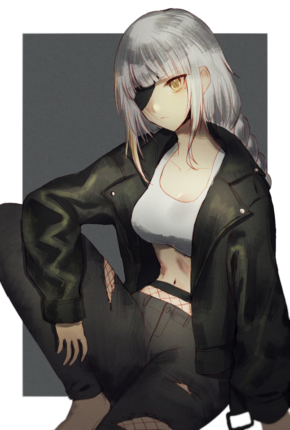 1girl black_jacket bra braid breasts collarbone denim eyepatch fishnets foot_out_of_frame frown girls_frontline grey_background hand_on_own_leg highres jacket jeans long_hair long_sleeves m16a1_(boss)_(girls'_frontline) m16a1_(girls'_frontline) midriff navel open_clothes open_jacket pants scar scar_on_face simple_background single_braid sitting solo torn_clothes torn_jeans torn_pants underwear white_background white_bra white_hair xanax025 yellow_eyes
