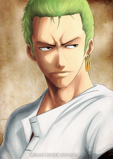 1boy black_eyes closed_mouth commentary_request dated earrings green_hair jewelry k-suwabe male_focus one_piece roronoa_zoro shirt short_hair single_earring solo white_shirt