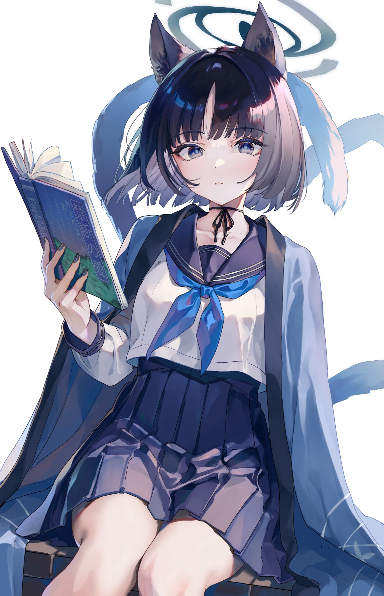 1girl animal_ear_fluff animal_ears black_eyes black_hair black_nails black_ribbon blue_archive blue_halo blue_neckerchief blue_sailor_collar blue_skirt book breasts cat_ears cat_tail closed_mouth collarbone commentary_request dot_nose eyeshadow fingernails grey_hair halo haori highres holding holding_book japanese_clothes kikyou_(blue_archive) kimono_on_shoulders knees_together_feet_apart looking_at_viewer makeup medium_breasts multicolored_hair multiple_tails myao_myao_chan nail_polish neckerchief pleated_skirt red_eyeshadow ribbon sailor_collar school_uniform serafuku short_hair simple_background sitting skirt solo split_tail tail two-tone_hair two_tails white_background