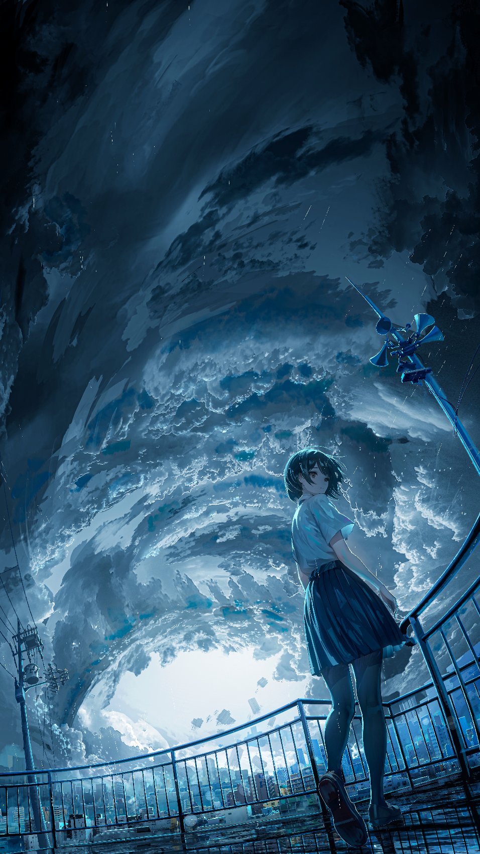 1girl black_clouds black_footwear black_thighhighs chocoshi cityscape clouds cloudy_sky full_body handrail highres horn_speaker looking_back original pleated_skirt rain reflective_floor shirt shoe_soles short_hair skirt sky solo standing swept_bangs thigh-highs utility_pole white_shirt
