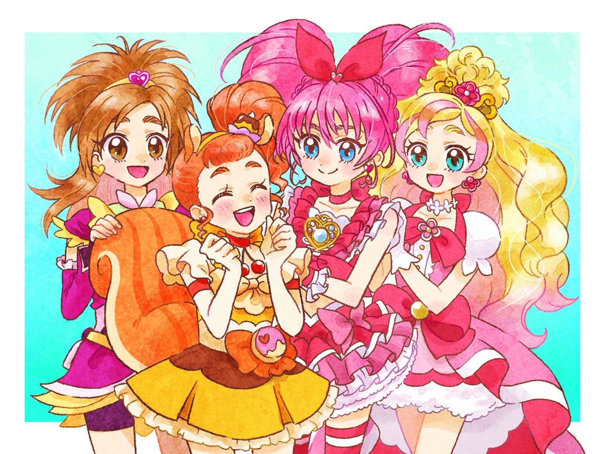 4girls animal_ears arisugawa_himari blonde_hair blue_eyes blush bow brooch brown_eyes brown_hair choker commentary_request cure_bloom cure_custard cure_flora cure_melody dress earrings extra_ears eyelashes flower food-themed_hair_ornament frills futari_wa_precure_splash_star gloves go!_princess_precure hair_flower hair_ornament hair_ribbon half_updo happy haruno_haruka heart heart_brooch heart_earrings hoppetoonaka3 houjou_hibiki hyuuga_saki jewelry kirakira_precure_a_la_mode long_hair magical_girl multicolored_hair multiple_girls neck_bobbles open_mouth orange_hair orange_tail pink_bow pink_choker ponytail precure pudding_hair_ornament ribbon shorts shorts_under_skirt simple_background smile squirrel_ears squirrel_tail suite_precure tail teeth thick_eyebrows thigh-highs twintails upper_teeth_only white_gloves
