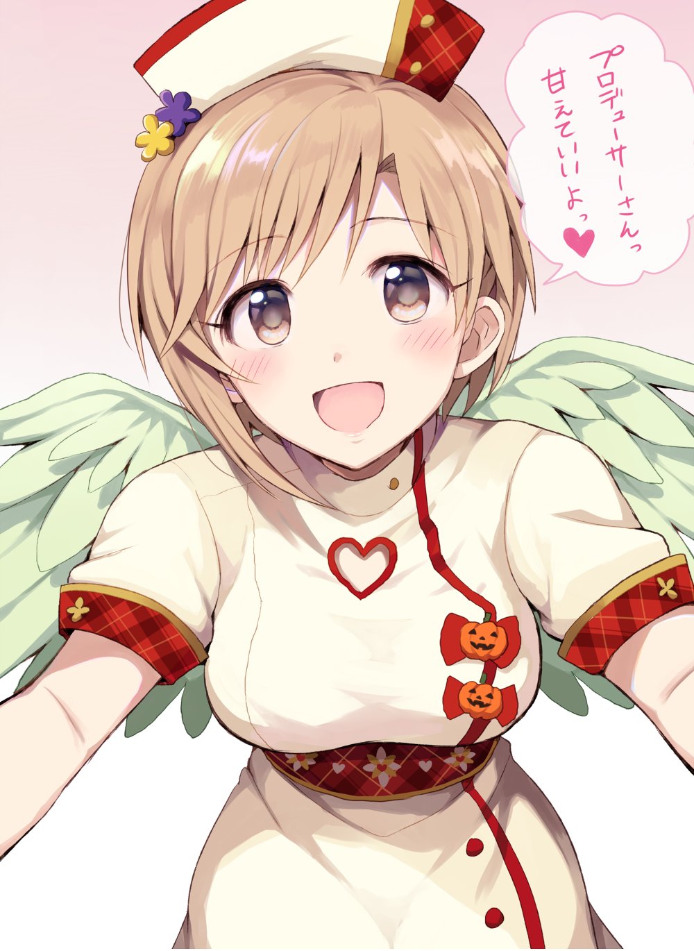 1girl aiba_yumi blonde_hair blush breasts brown_eyes dot_nose dress fake_wings feathered_wings gum_(vivid_garden) halloween hat heart highres idolmaster idolmaster_cinderella_girls idolmaster_cinderella_girls_starlight_stage looking_at_viewer medium_breasts nurse_cap open_mouth plaid_trim pumpkin red_trim short_hair short_sleeves simple_background smile solo speech_bubble upper_body white_background white_dress wings