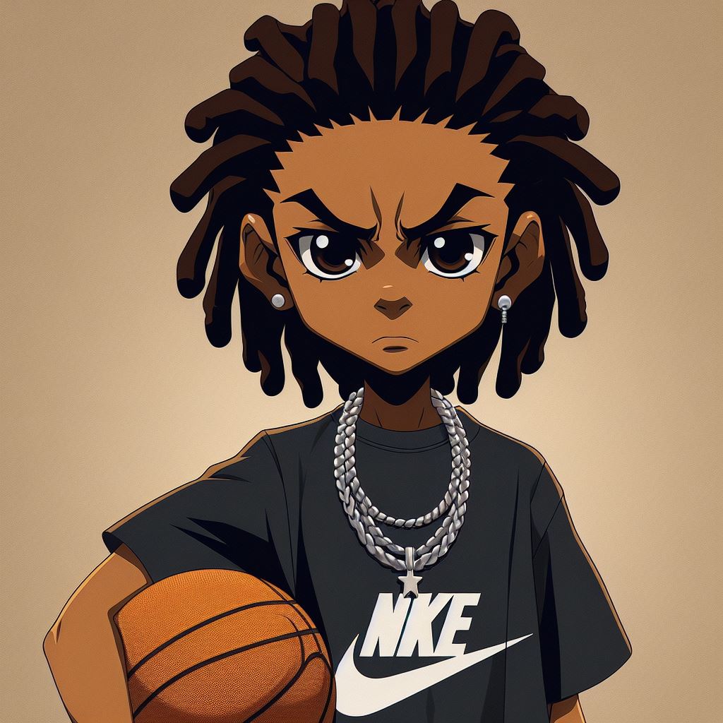 1boy ai-generated ball basketball_(object) black_hair black_skin colored_skin dreadlocks looking_at_viewer nike non-web_source serious