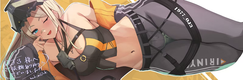 1girl arm_support bandages bare_shoulders blonde_hair blue_eyes breasts centi_(nikke) goddess_of_victory:_nikke grey_pants grey_tank_top helmet jacket looking_at_viewer medium_breasts midriff one_eye_closed orange_jacket pants strap tank_top thick_thighs thighs translation_request wabimochi