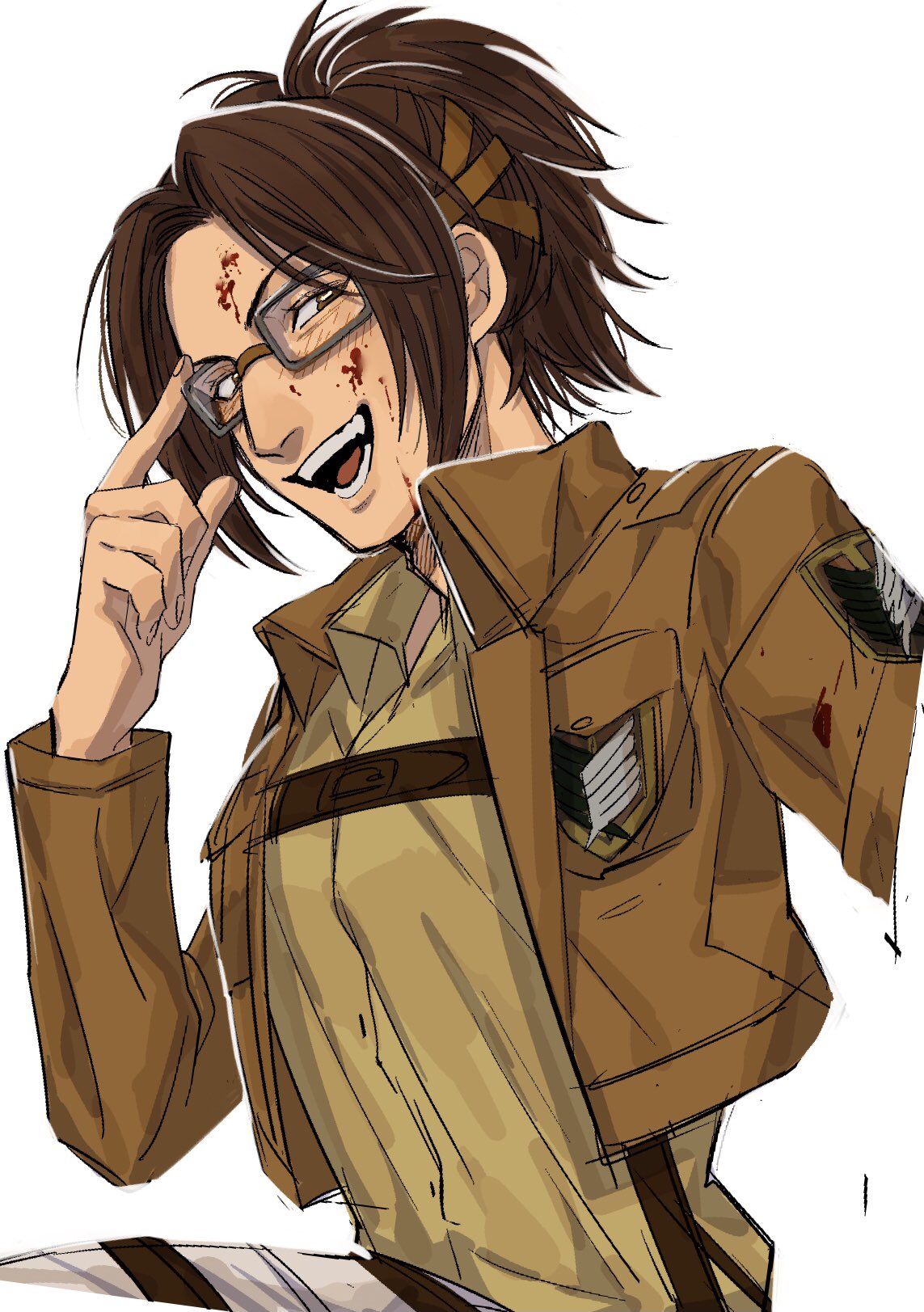 1other :d adjusting_eyewear blood blood_on_face brown_eyes brown_hair brown_jacket chest_belt collared_jacket crazy_smile cropped_jacket emblem from_side glasses hand_up hange_zoe highres index_finger_raised jacket looking_at_viewer looking_to_the_side ma2_ereki open_clothes open_jacket open_mouth parted_bangs ponytail romaji_commentary shingeki_no_kyojin shirt simple_background smile solo upper_body white_background yellow_shirt