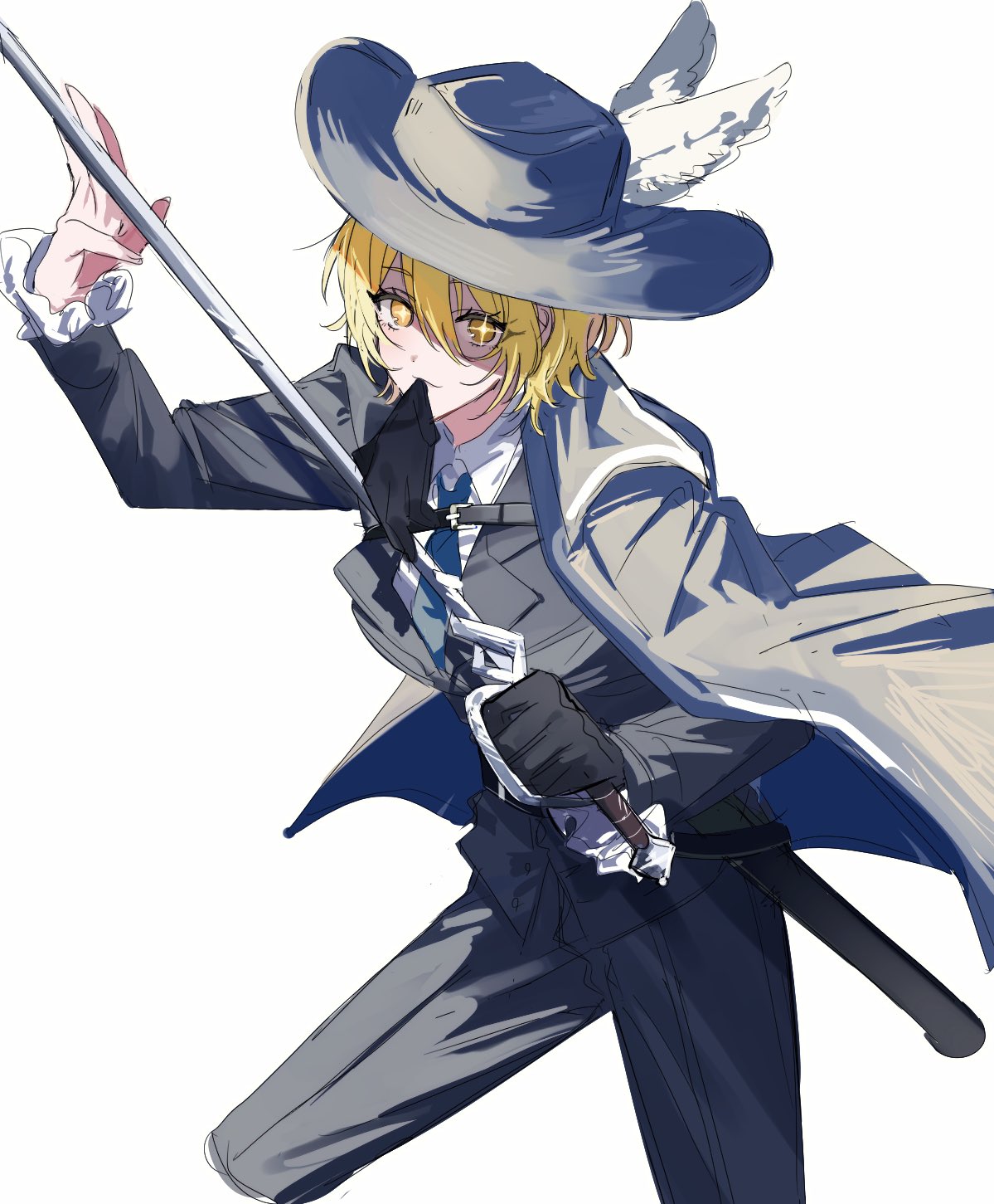 1girl black_gloves black_vest blonde_hair blue_cape blue_headwear blue_necktie blue_pants cape cavalier_hat closed_mouth collared_shirt commentary cropped_legs don_quixote_(project_moon) frilled_sleeves frills glove_in_mouth gloves hair_between_eyes hat_feather highres holding holding_sword holding_weapon limbus_company long_sleeves looking_at_viewer mnt_(mnppf7) mouth_hold necktie pants project_moon rapier shirt short_hair simple_background solo sparkling_eyes sword symbol-only_commentary unworn_gloves vest weapon white_background white_shirt wing_collar yellow_eyes