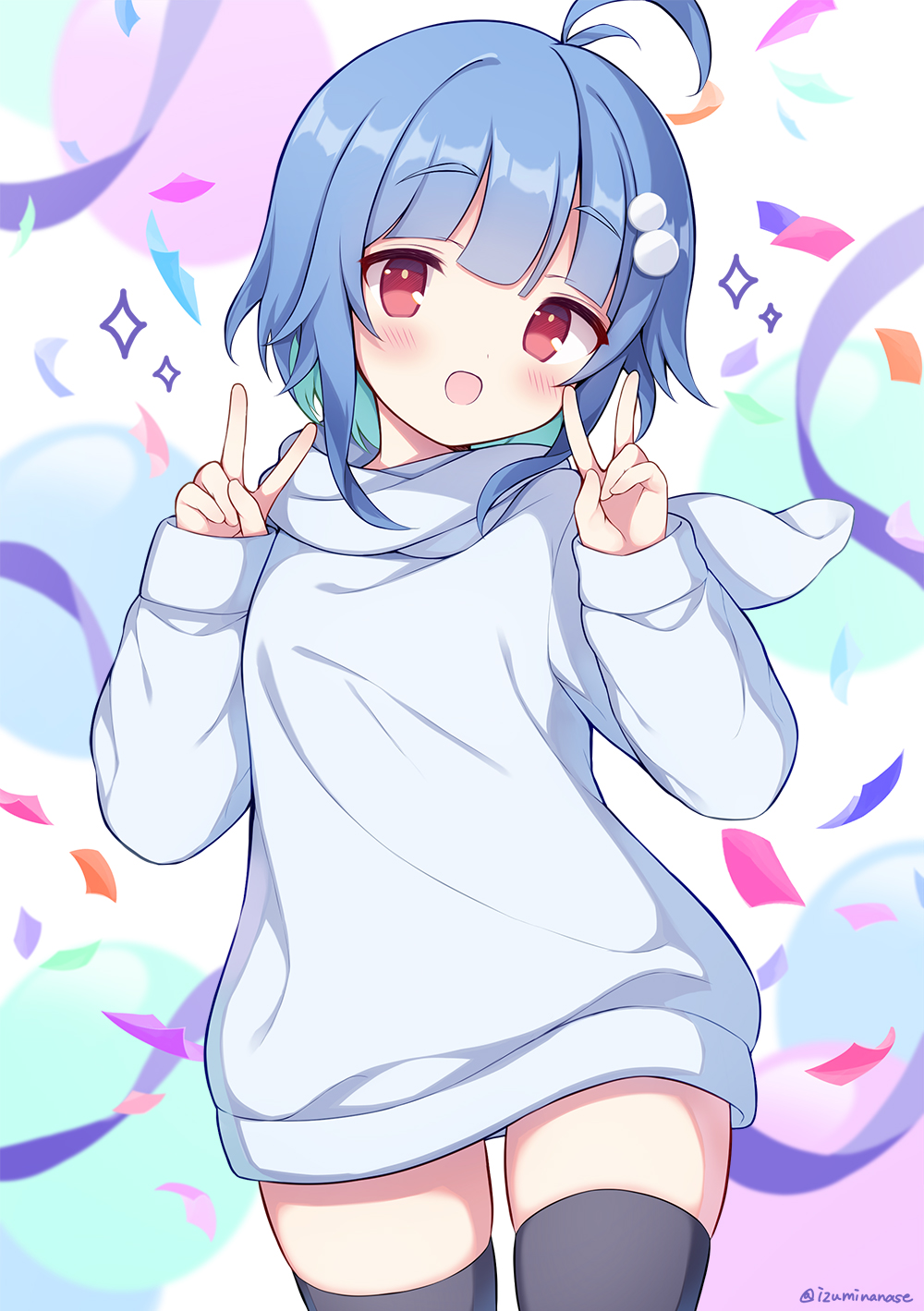 1girl :d ahoge balloon black_thighhighs blue_hair blush commentary_request commission confetti copyright_request double_v hands_up highres hood hood_down hoodie izuminanase long_sleeves looking_at_viewer puffy_long_sleeves puffy_sleeves red_eyes skeb_commission sleeves_past_wrists smile solo sparkle thigh-highs twitter_username v white_hoodie