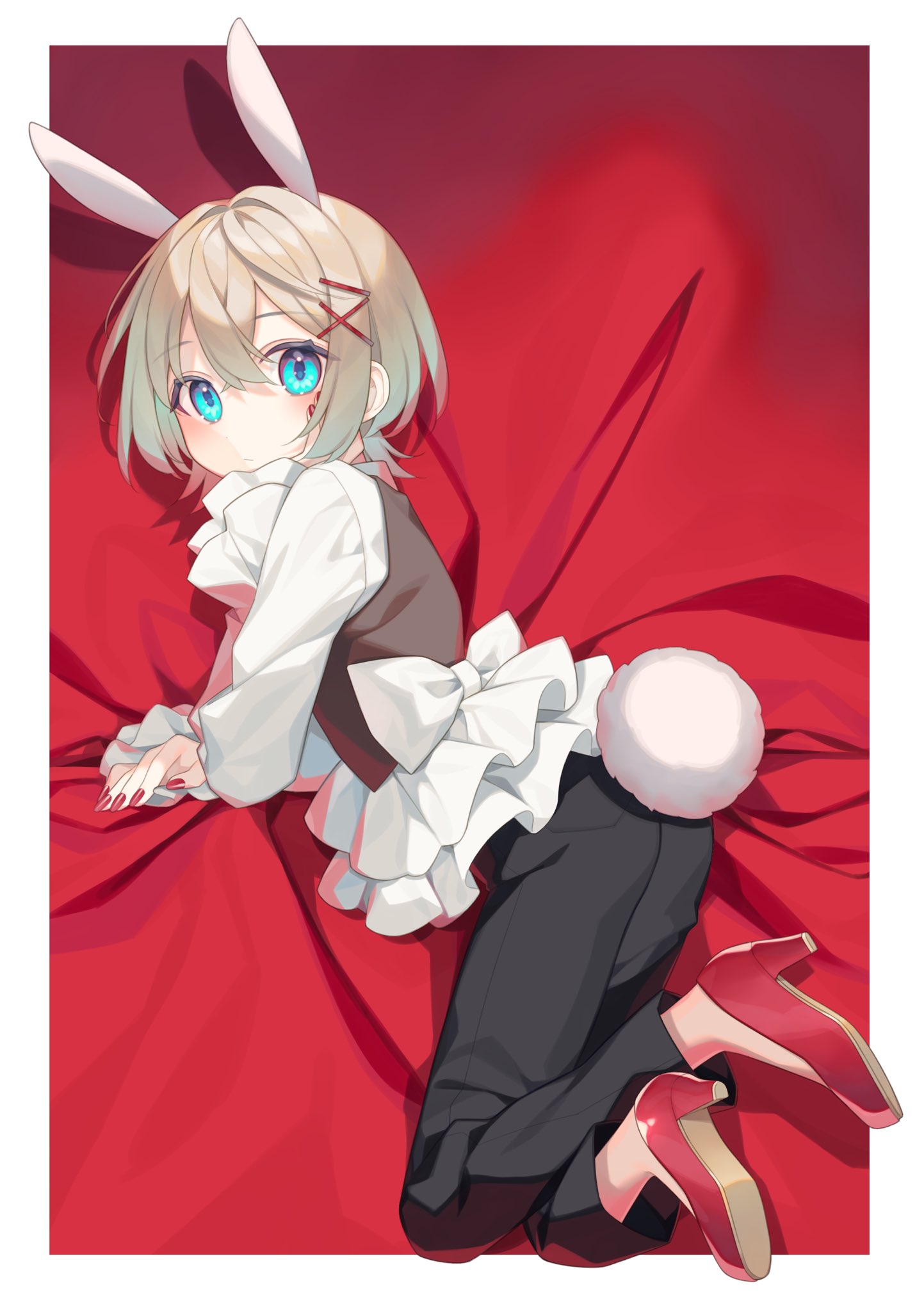 1girl animal_ears bed_sheet black_pants black_vest blue_eyes blush brown_hair closed_mouth frills full_body hair_between_eyes hair_ornament hairclip high_heels highres long_sleeves looking_at_viewer lying original pants rabbit_ears rabbit_tail red_background red_footwear shirt shoe_soles shoes short_hair sleeves_past_wrists solo tail vest white_shirt x_hair_ornament yachishi_orca