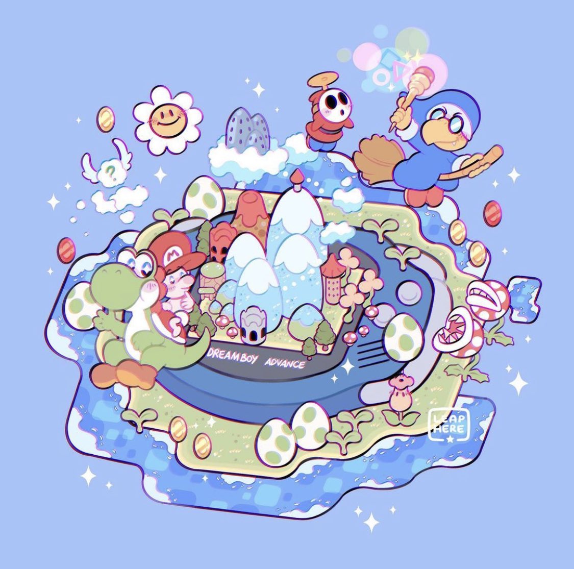 baby_mario blue_background broom broom_riding casting_spell coin commentary egg english_text floating flower flying game_boy_advance handheld_game_console holding holding_wand leaphere magikoopa mountain piranha_plant sharp_teeth shy_guy simple_background smile super_mario_bros. super_mario_world_2:_yoshi's_island teeth wand yoshi