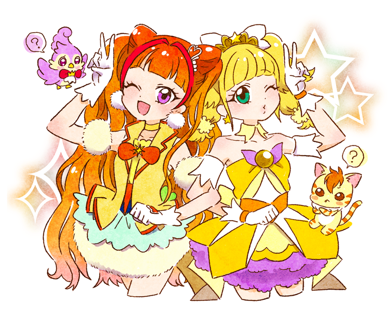 2girls ? amanogawa_kirara aroma_(go!_princess_precure) blonde_hair blunt_bangs bow bowtie brooch bubble_skirt choker commentary_request cone_hair_bun cosplay costume_switch cure_sparkle cure_twinkle dress earrings gloves go!_princess_precure green_eyes hair_bun hair_ornament healin'_good_precure healing_animal heart heart_hair_ornament hiramitsu_hinata hoppetoonaka3 jewelry long_hair magical_girl multicolored_hair multiple_girls nyatoran_(precure) one_eye_closed open_mouth orange_bow orange_bowtie pom_pom_(clothes) pom_pom_earrings precure simple_background skirt star_(symbol) star_brooch star_earrings twintails two-tone_hair v vest violet_eyes white_gloves yellow_choker yellow_vest