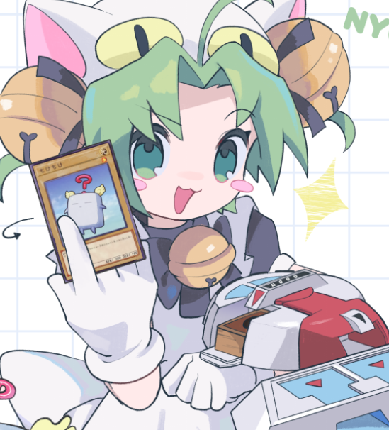 1girl :3 ahoge animal_ears animal_hat apron bell black_bow black_bowtie black_dress black_ribbon blush_stickers bow bowtie card cat_ears cat_hat commentary dejiko di_gi_charat dress duel_disk english_commentary gloves green_eyes green_hair grid_background hair_bell hair_ornament hair_ribbon hand_up hat holding holding_card jingle_bell looking_at_viewer mokey_mokey morizo_(morizoshop) neck_bell open_mouth parted_bangs ribbon short_hair solo sparkle standing two_side_up upper_body white_apron white_background white_gloves white_headwear yu-gi-oh!