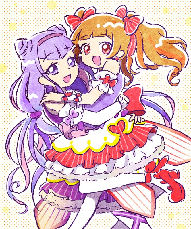 2girls :d aisaki_emiru blunt_bangs bow brown_hair commentary_request cone_hair_bun dress hair_bow hair_bun hairband hoppetoonaka3 hug hugtto!_precure jewelry layered_dress long_hair low_twintails magical_girl multiple_girls open_mouth precure purple_bow purple_hair red_bow red_eyes ruru_amour smile twintails violet_eyes