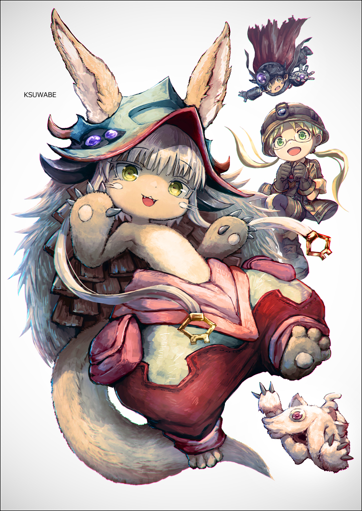 1boy 1girl 1other blonde_hair brown_fur brown_jacket cape creature facial_mark fake_horns falling furry furry_other glasses green_eyes grey_hair helmet horizontal_pupils horned_helmet horns jacket k-suwabe long_hair looking_at_viewer low_twintails made_in_abyss mechanical_arms midair missing_eye mitty_(made_in_abyss) multicolored_pants nanachi_(made_in_abyss) pants puffy_pants red_cape regu_(made_in_abyss) riko_(made_in_abyss) tail twintails whiskers