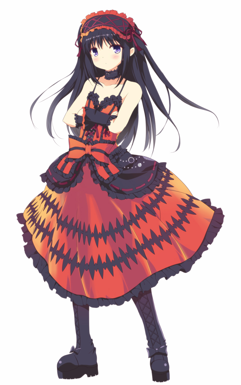 1girl akemi_homura bare_shoulders bee_(artist) black_footwear black_hair cosplay cross-laced_footwear crossed_arms date_a_live dress frilled_dress frilled_hairband frills full_body gothic_lolita hairband highres lolita_fashion lolita_hairband long_hair mahou_shoujo_madoka_magica mahou_shoujo_madoka_magica_(anime) red_dress tokisaki_kurumi tokisaki_kurumi_(cosplay) two-tone_dress violet_eyes white_background