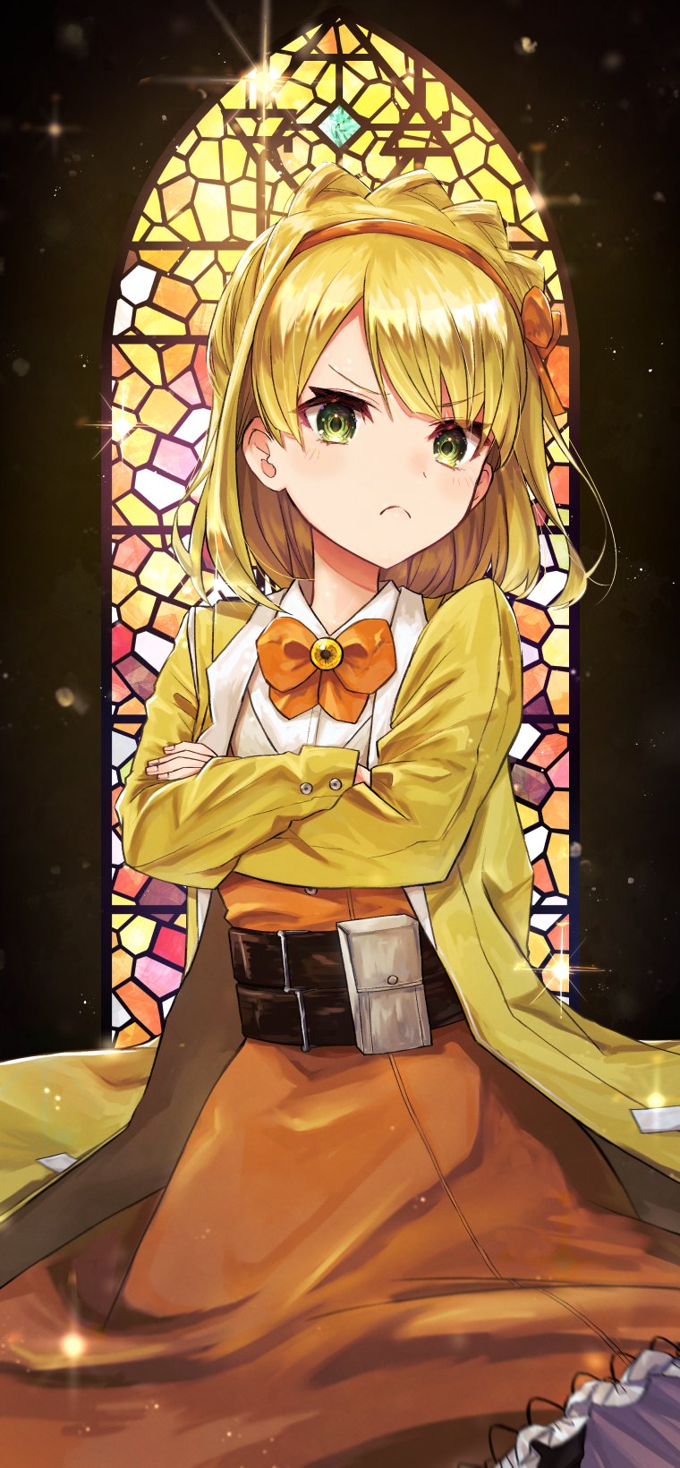 1girl blonde_hair bow bowtie closed_mouth coat cowboy_shot dress green_eyes hair_bow hairband highres indoors library_of_ruina long_sleeves looking_at_viewer medium_hair orange_bow orange_bowtie orange_dress orange_hairband project_moon solo stained_glass tiphereth_a_(project_moon) yellow_coat york0pm