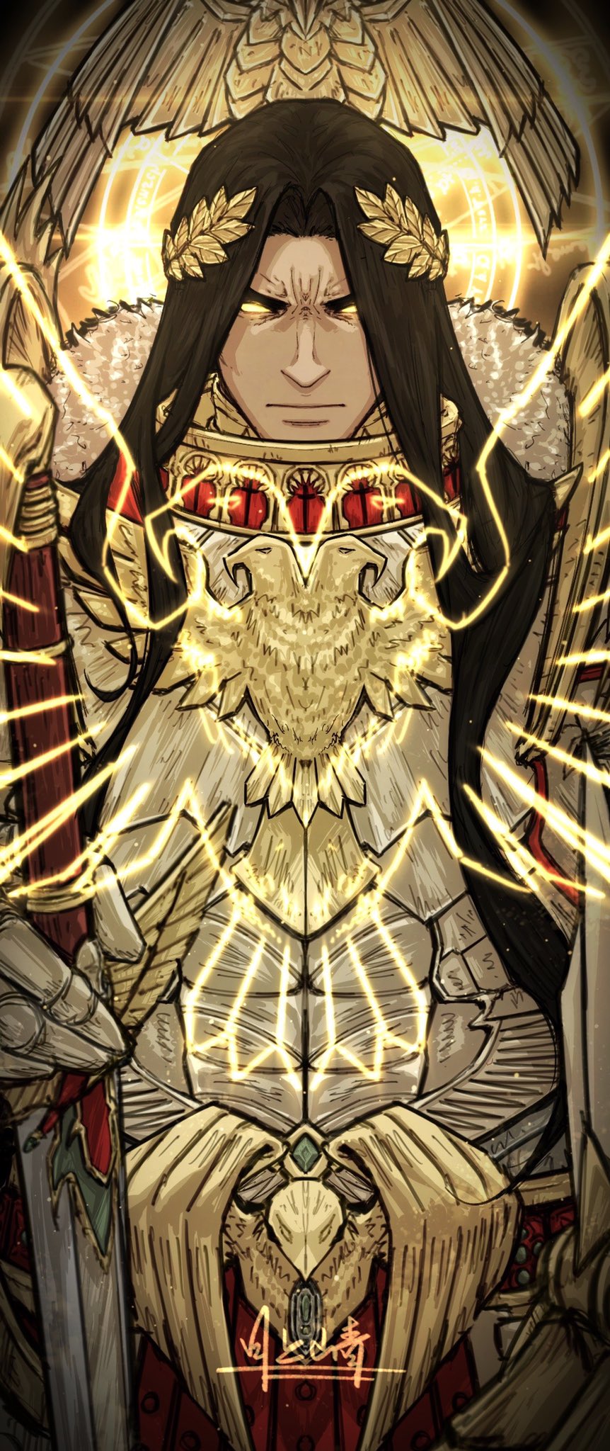 1boy :| aquila_(symbol) armor bird black_hair closed_mouth colored_sclera commentary_request eagle emperor_of_mankind english_commentary fur-trimmed_armor fur_trim furrowed_brow glowing glowing_eyes glowing_symbol gold_armor goldriver hand_on_hilt highres imperial_aquila laurel_crown long_hair looking_at_viewer magic male_focus no_pupils ornate ornate_armor pauldrons pelvic_curtain power_armor shoulder_armor signature solo straight-on sword thick_eyebrows upper_body warhammer_40k weapon yellow_eyes yellow_sclera