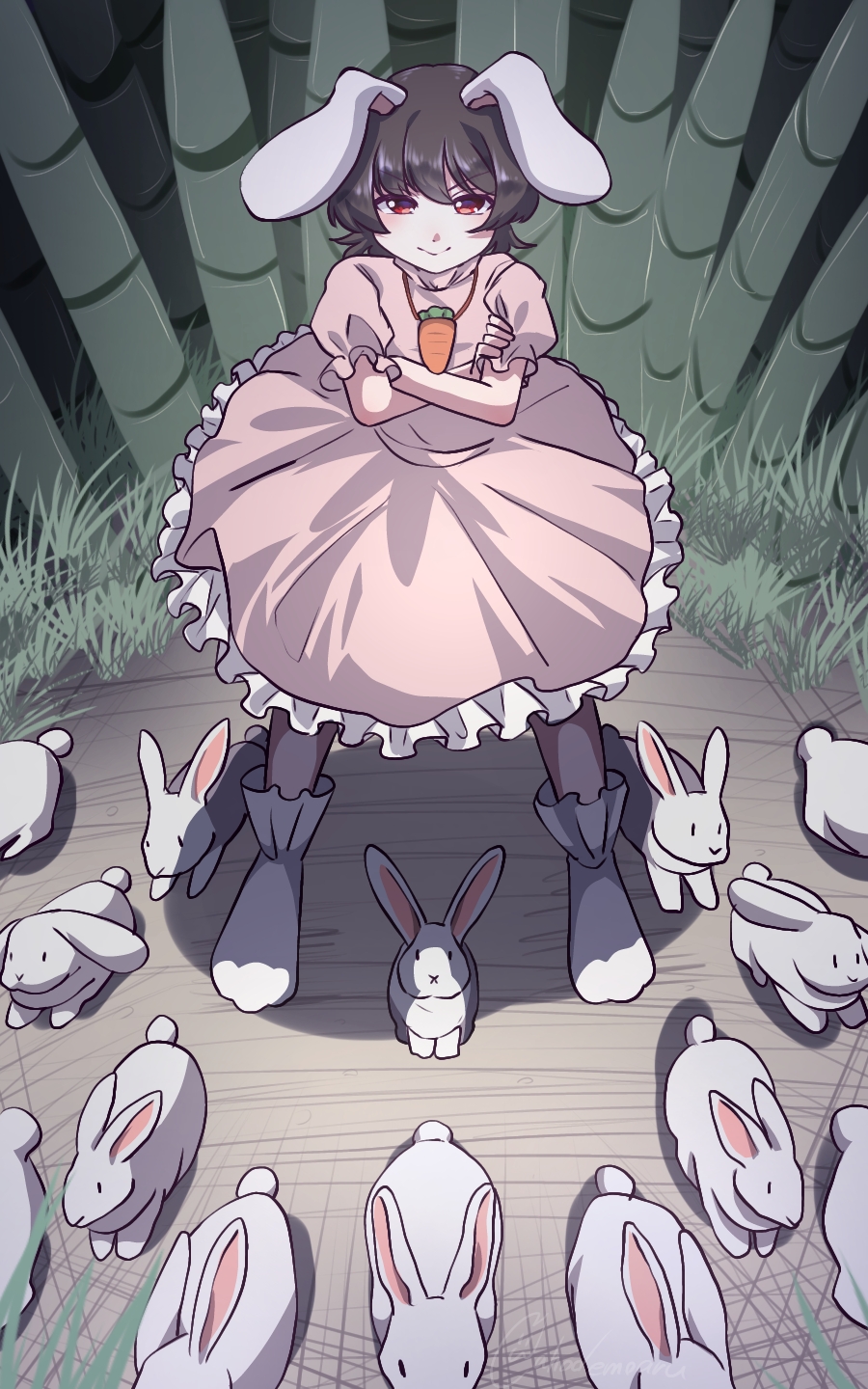 1girl :x ahodemoaru animal_ears bamboo bamboo_forest black_hair blush carrot_necklace closed_mouth commentary_request crossed_arms dress flat_chest forest frilled_dress frilled_sleeves frilled_socks frills full_body grass highres inaba_tewi jewelry looking_at_viewer medium_bangs nature necklace no_shoes pink_dress rabbit rabbit_ears rabbit_girl red_eyes short_hair smile socks solo standing touhou v-shaped_eyebrows white_socks
