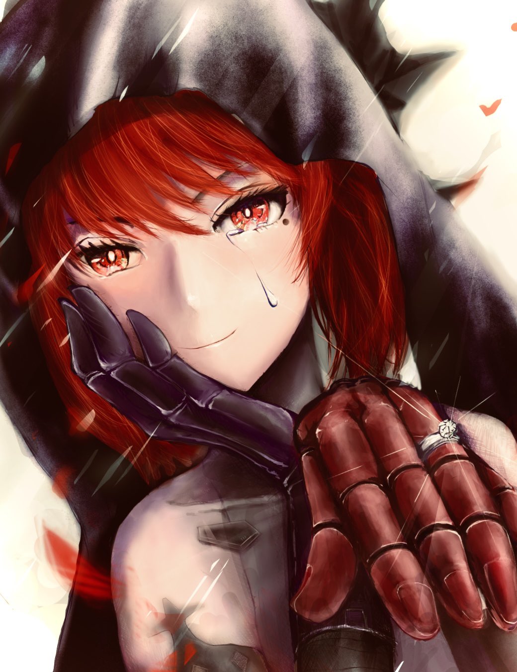 1girl black_veil hand_on_own_face highres jewelry long_hair looking_at_viewer mechanical_arms mechanical_hands mu_mi punishing:_gray_raven red_eyes redhead ring solo tears veil vera:_garnet_(sorrowful_rose)_(punishing:_gray_raven) vera_(punishing:_gray_raven) wedding_ring
