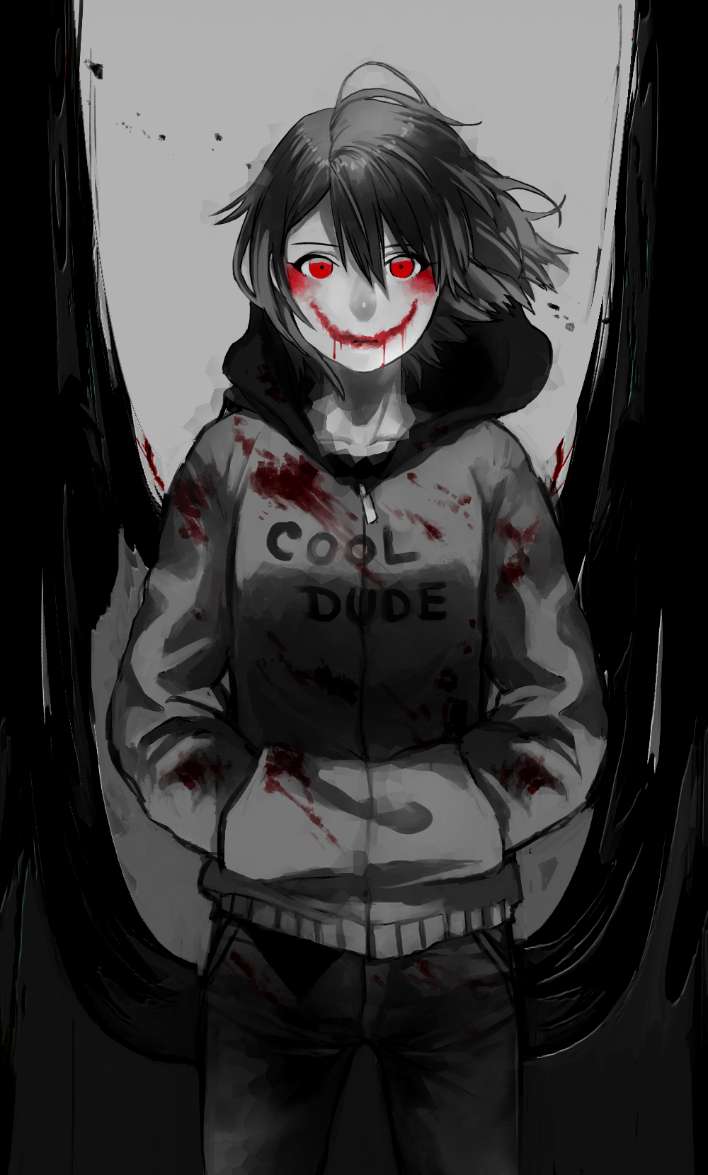1boy androgynous blood blood_on_face character_request check_character closed_mouth collarbone denim frisk_(undertale) greyscale highres hood hoodie jeans looking_at_viewer male_focus monochrome pants short_hair shousan_(hno3syo) solo spot_color undertale