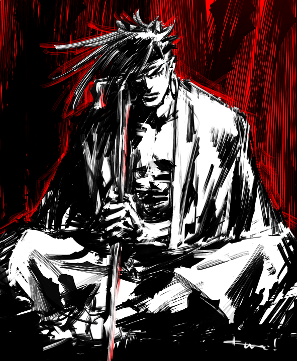 1boy arm_out_of_sleeve bad_id bad_tumblr_id closed_eyes closed_mouth earrings eyelashes greyscale_with_colored_background holding japanese_clothes jewelry jojo_no_kimyou_na_bouken kimono kotteri male_focus n'doul red_background simple_background sitting solo spiky_hair