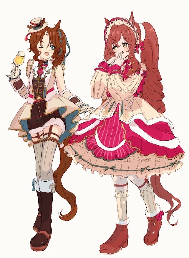 2girls alternate_costume alternate_hairstyle animal_ears blue_eyes blush boots brown_hair commentary_request cup drinking_glass full_body horse_ears horse_tail long_hair medium_hair mejiro_bright_(umamusume) mejiro_palmer_(umamusume) multiple_girls one_eye_closed open_mouth shoes simple_background tail twintails umamusume white_background wine_glass