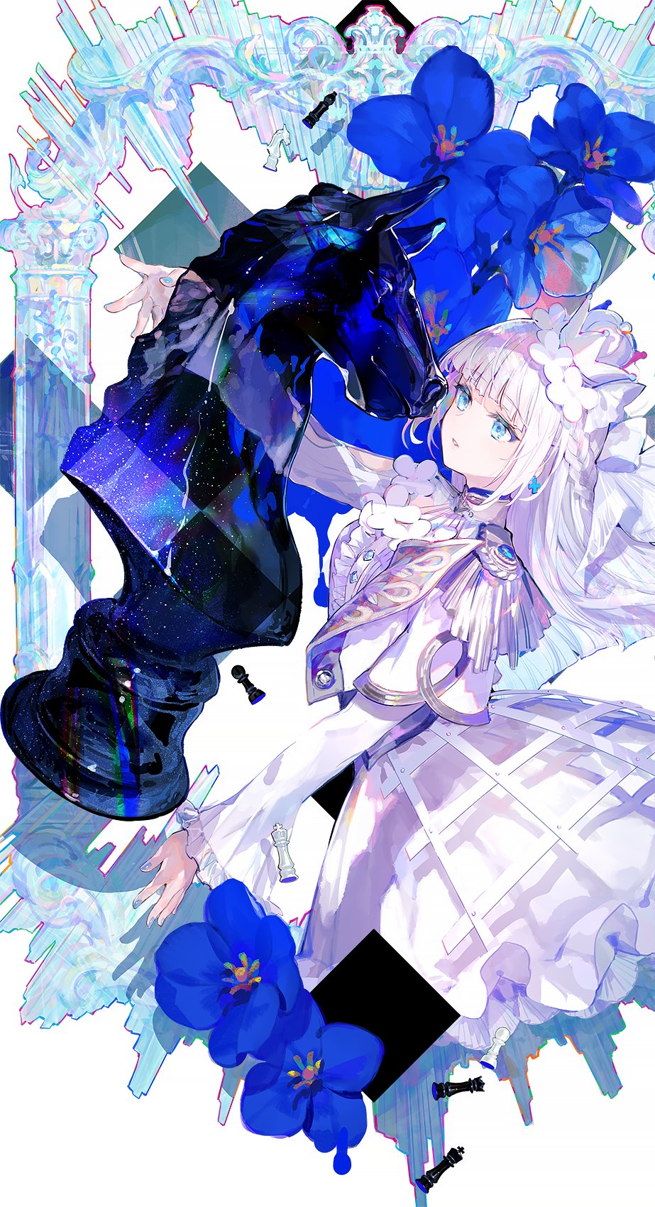1girl aiguillette bishop_(chess) blue_eyes blue_flower blue_nails blunt_bangs braid center_frills chess_piece crinoline cropped_jacket cropped_legs cross cross_earrings crown dress earrings flower frilled_dress frilled_sleeves frills fuzichoco hair_flower hair_ornament hair_ribbon highres jacket jewelry king_(chess) knight_(chess) long_hair mini_crown original oversized_object parted_lips pawn_(chess) pillar queen_(chess) ribbon rook_(chess) sidelocks solo white_background white_hair white_jacket