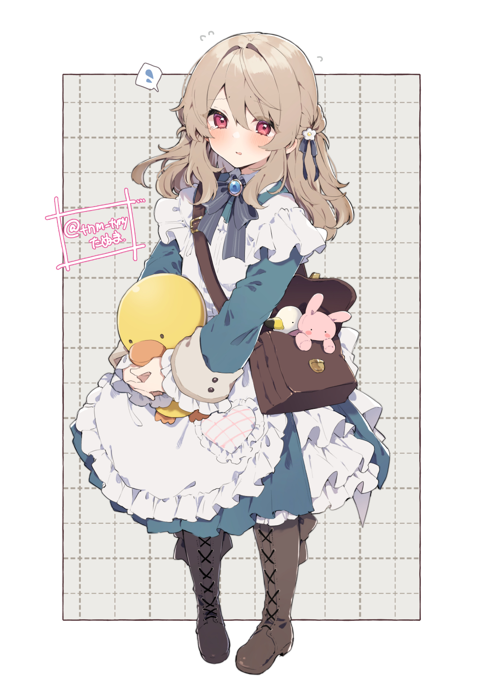 1girl aged_down apron bag black_bow black_bowtie blue_dress blush boots bow bowtie braid brown_footwear carrying_bag carrying_over_shoulder collar dress flower french_braid frilled_apron frilled_cuffs frilled_dress frills full_body hair_flower hair_ornament handbag highres ikeuchi_tanuma knee_boots light_brown_hair long_hair maid maid_apron original parted_lips patterned_background red_eyes shoulder_strap solo spoken_sweatdrop stuffed_animal stuffed_duck stuffed_rabbit stuffed_toy sweatdrop tino_(ikeuchi_tanuma) white_apron